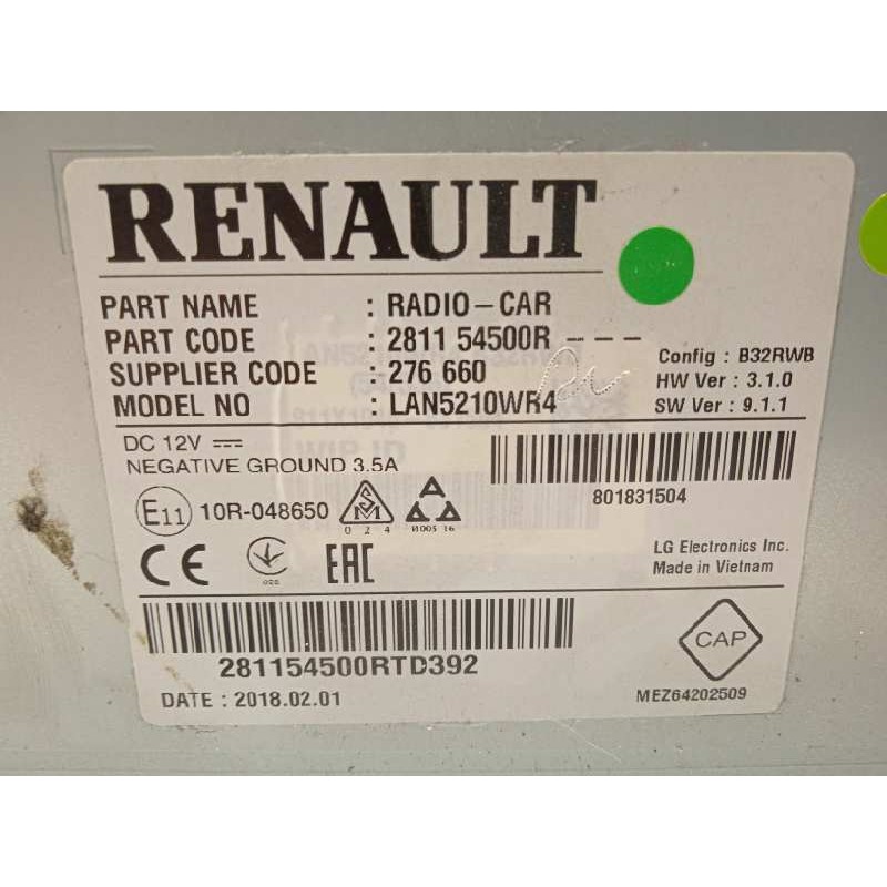 Recambio de sistema audio / radio cd para renault clio iv zen referencia OEM IAM 281154500R  