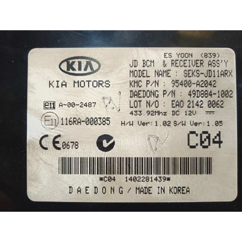 Recambio de modulo electronico para kia cee´d drive referencia OEM IAM 95400A2042  116RA000385