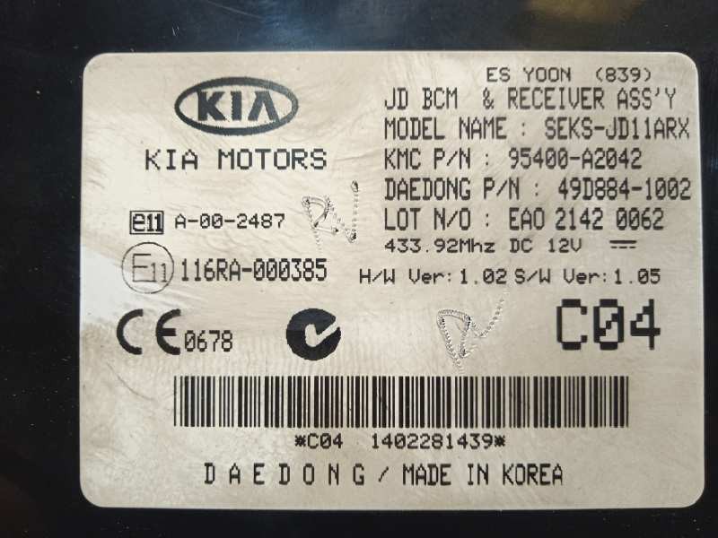 Recambio de modulo electronico para kia cee´d drive referencia OEM IAM 95400A2042  116RA000385
