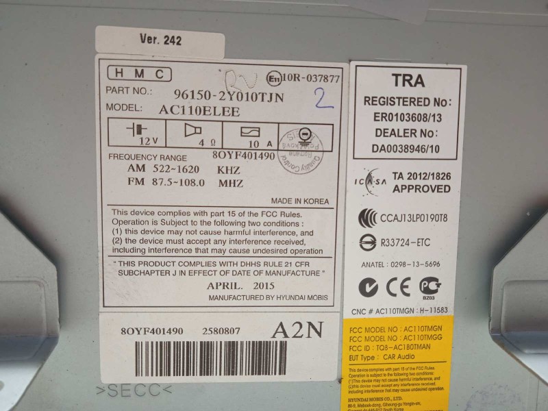 Recambio de sistema audio / radio cd para hyundai ix35 1.6 cat referencia OEM IAM 961502Y010  961502Y010TJN