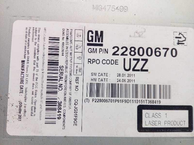 Recambio de sistema audio / radio cd para opel insignia berlina excellence referencia OEM IAM 22800670  