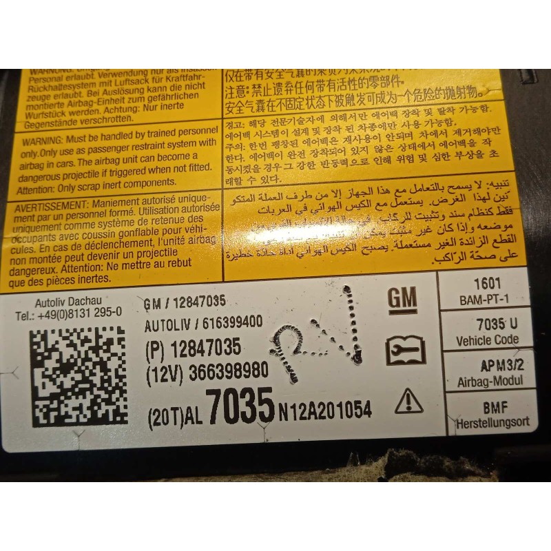 Recambio de airbag delantero derecho para opel astra j lim. sport referencia OEM IAM 12847035  366398980