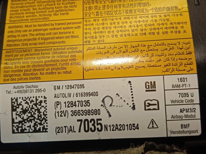 Recambio de airbag delantero derecho para opel astra j lim. sport referencia OEM IAM 12847035  366398980