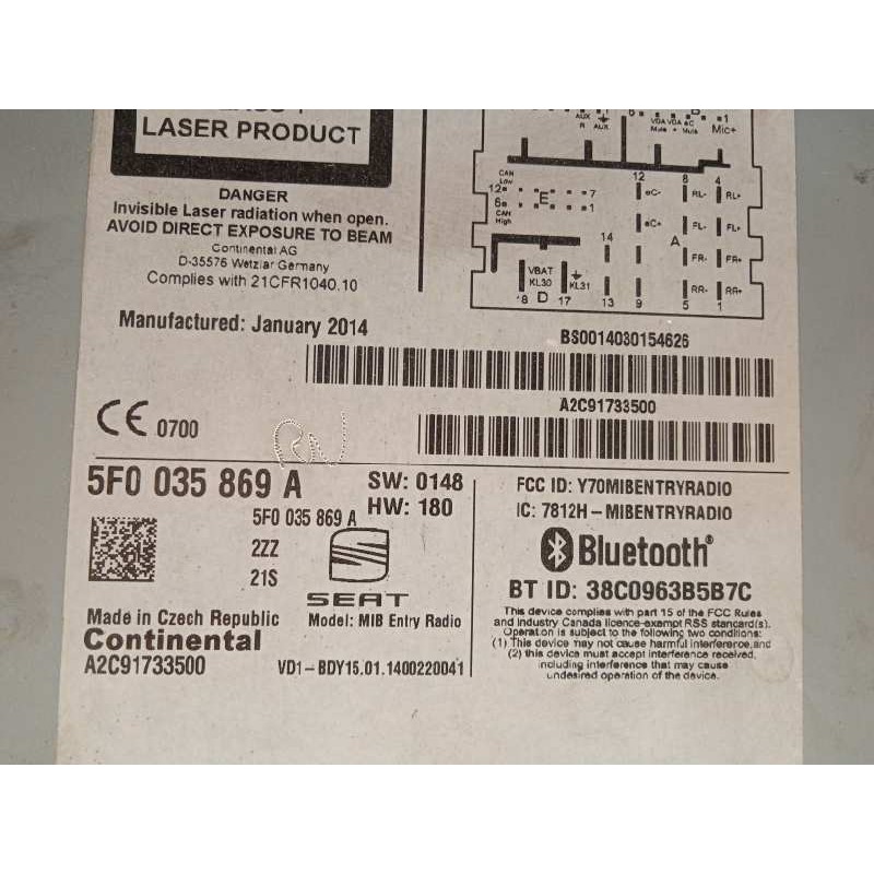 Recambio de sistema audio / radio cd para seat leon (5f1) style referencia OEM IAM 5F0035869A  5F0035869A2ZZ