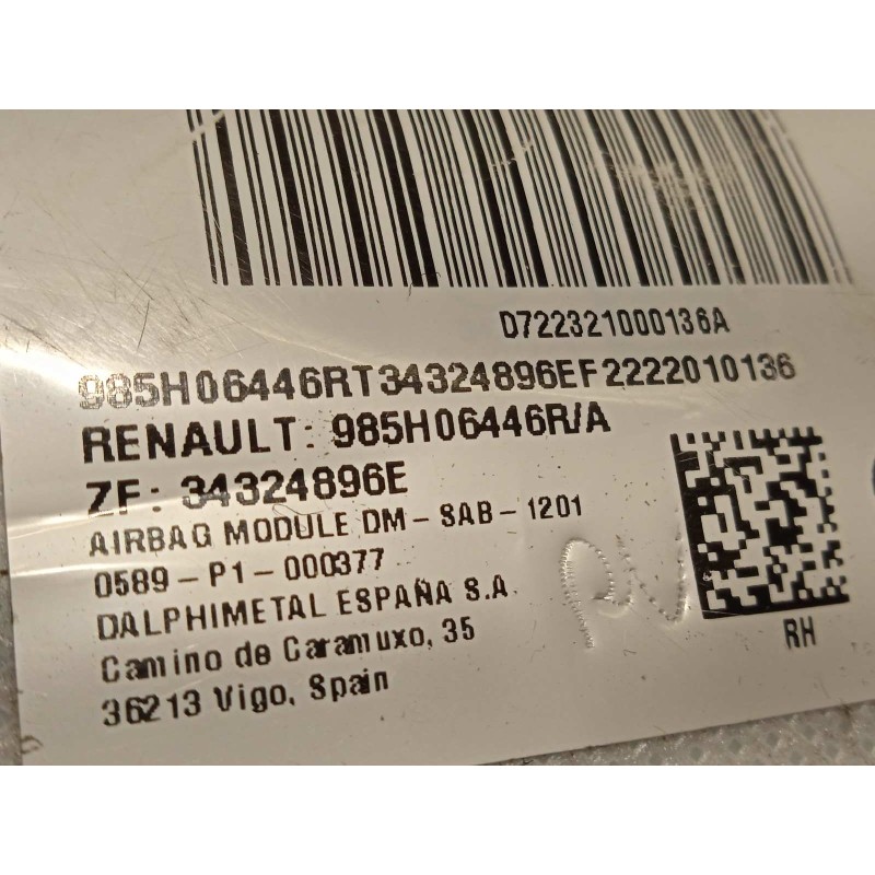 Recambio de airbag lateral derecho para renault austral techno espirit alpine referencia OEM IAM 985H06446R  