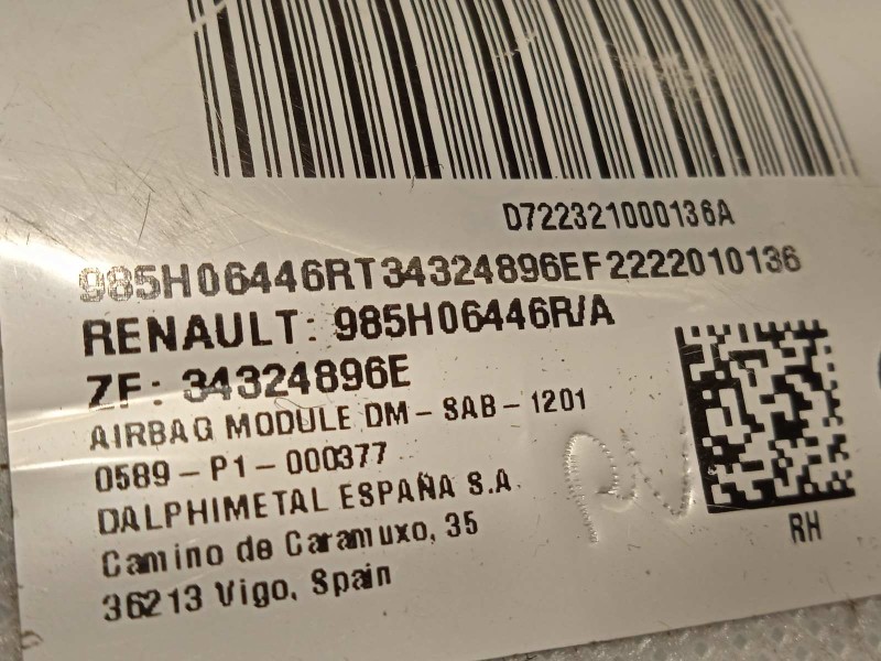Recambio de airbag lateral derecho para renault austral techno espirit alpine referencia OEM IAM 985H06446R  