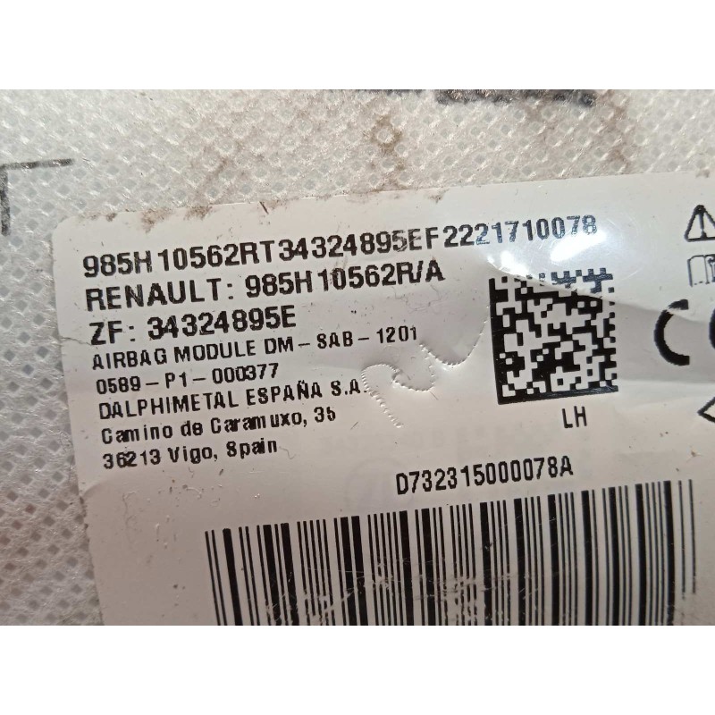 Recambio de airbag lateral izquierdo para renault austral techno espirit alpine referencia OEM IAM 985H10562R  