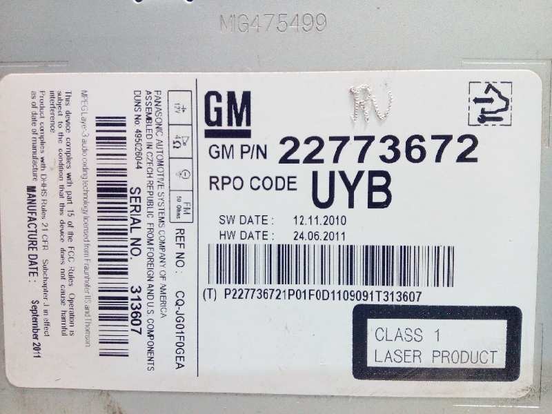 Recambio de sistema audio / radio cd para opel astra j lim. enjoy referencia OEM IAM 22773672  