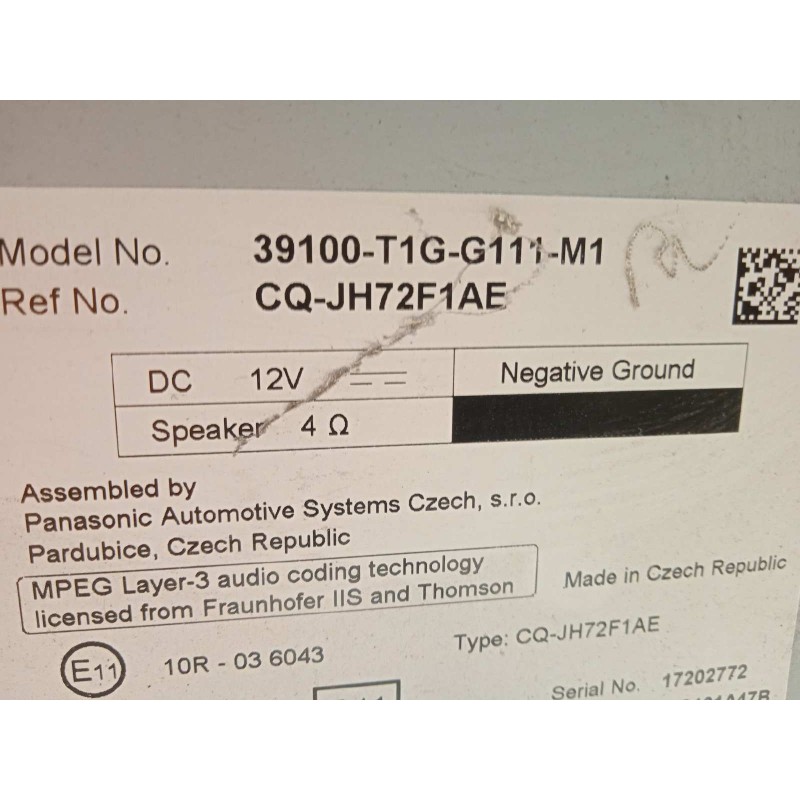 Recambio de sistema audio / radio cd para honda cr-v 1.6 dtec cat referencia OEM IAM 39100T1GG111M1  