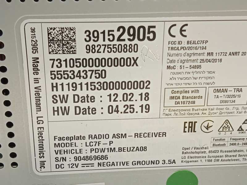 Recambio de pantalla multifuncion para opel crossland x excellence referencia OEM IAM 39152905 555343750 9827550880