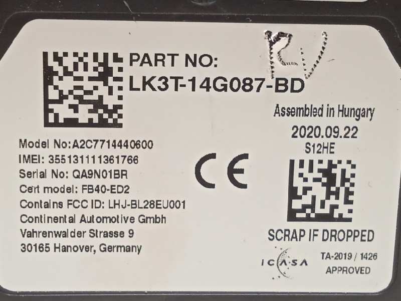 Recambio de centralita unidad control telefono para ford transit furgón (tts) referencia OEM IAM LK3T14G087BE  2552379