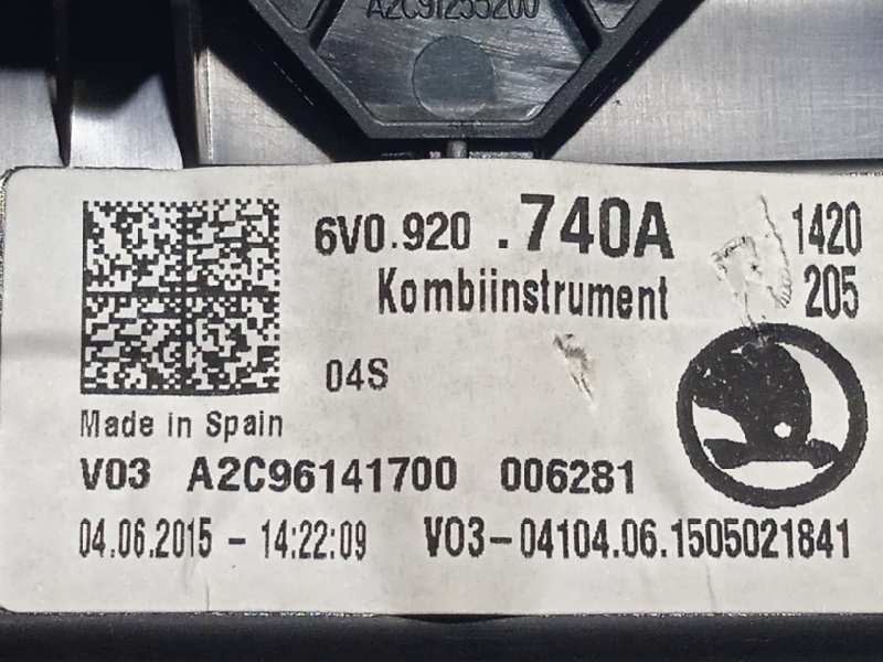 Recambio de cuadro instrumentos para skoda fabia 1.0 mpi referencia OEM IAM 6V0920740A  A2C96141700