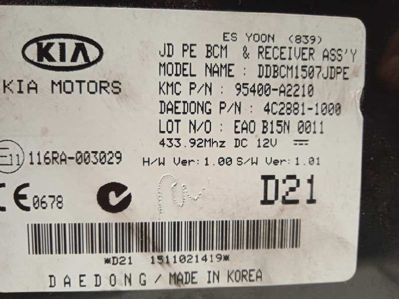 Recambio de modulo electronico para kia cee´d 1.4 crdi cat referencia OEM IAM 95400A2210  