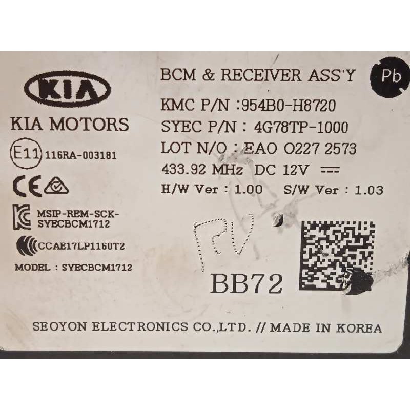 Recambio de modulo electronico para kia rio (yb) 1.0 tgdi cat referencia OEM IAM 954B0H8720  