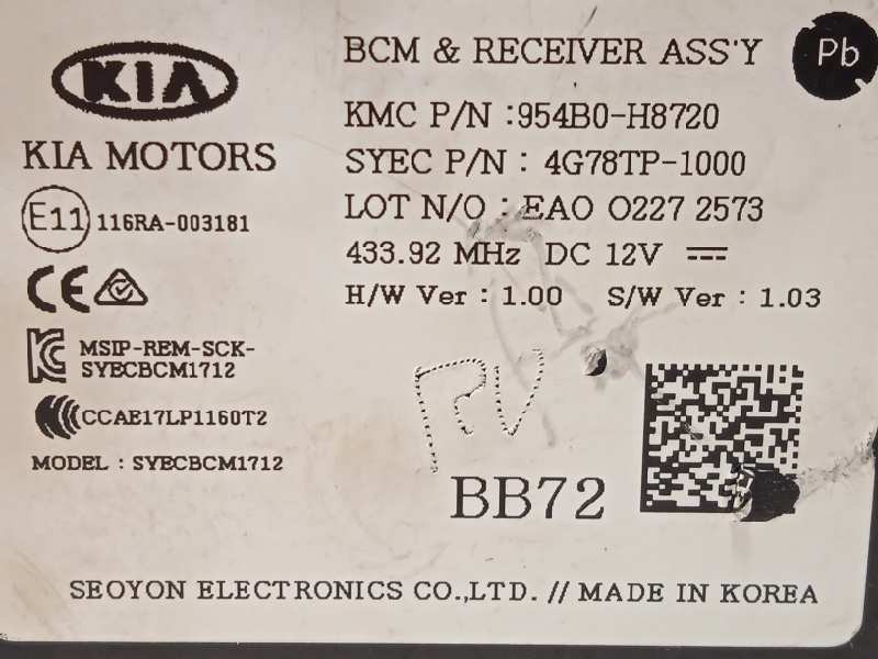 Recambio de modulo electronico para kia rio (yb) 1.0 tgdi cat referencia OEM IAM 954B0H8720  