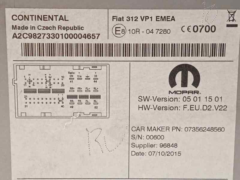 Recambio de sistema audio / radio cd para fiat 500 1.2 referencia OEM IAM 07356248560  735624856