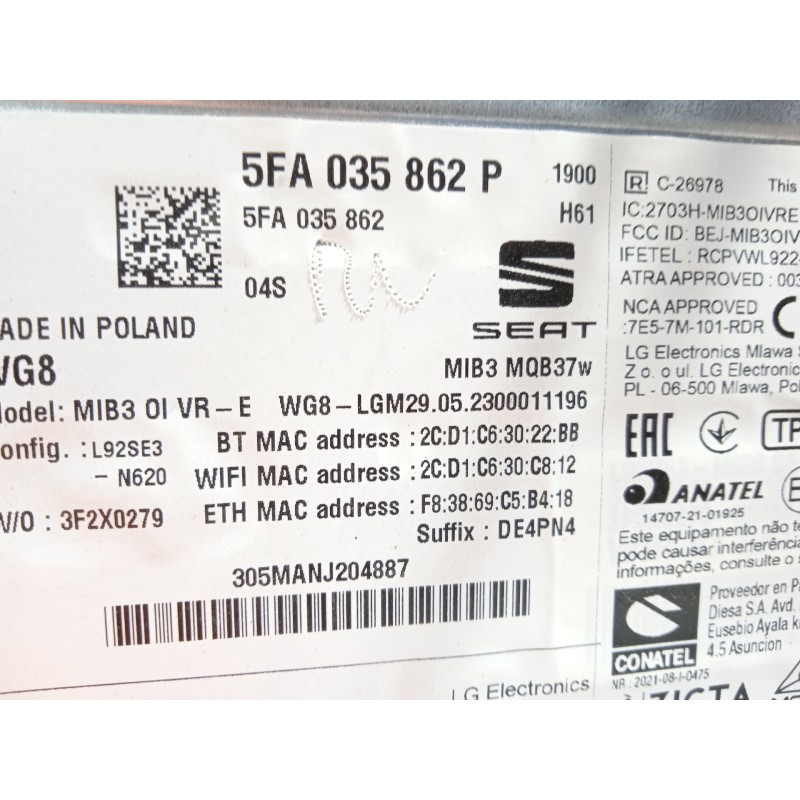 Recambio de modulo electronico para cupra formentor (km7) 1.5 tsi referencia OEM IAM 5FA035862P  