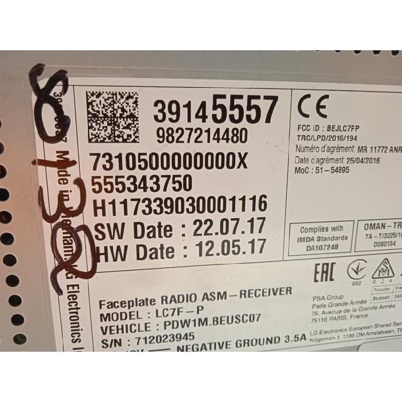 Recambio de pantalla multifuncion para opel grandland x excellence referencia OEM IAM 39145557  9827214480