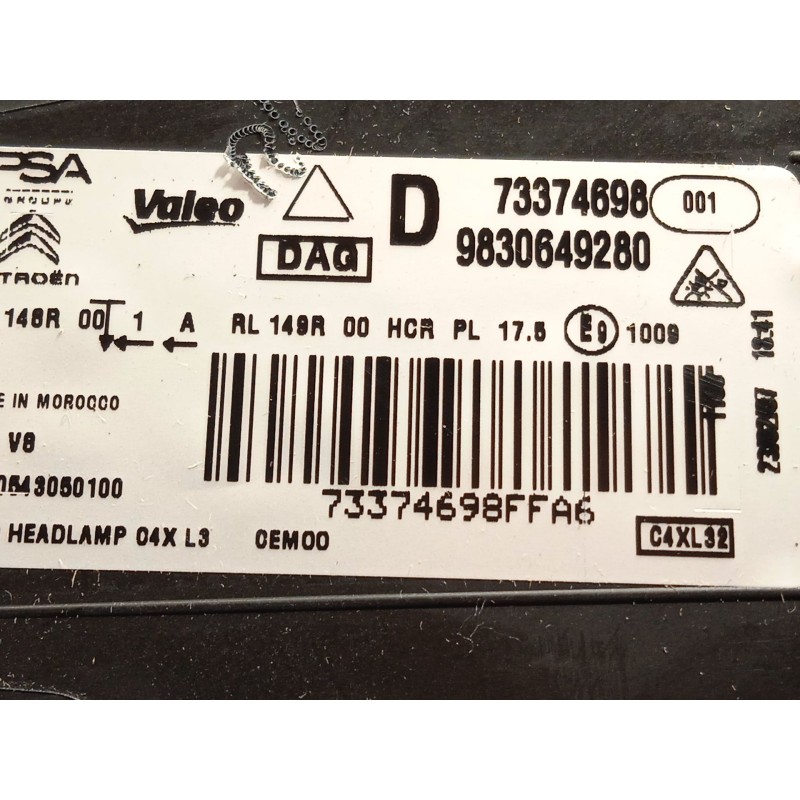 Recambio de faro derecho para citroën c4 iii 1.2 referencia OEM IAM 9830649280  73374698