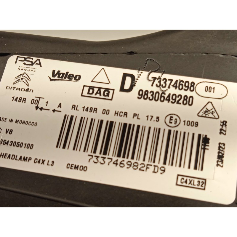 Recambio de faro derecho para citroën c4 iii 1.2 referencia OEM IAM 9830649280  73374698