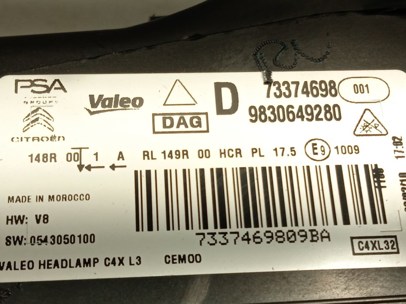 Recambio de faro derecho para citroën c4 iii 1.2 referencia OEM IAM 9830649280  73374698