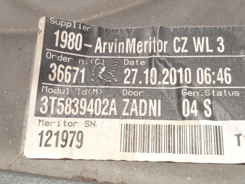 Recambio de elevalunas trasero derecho para skoda suberb (3t4) ambition referencia OEM IAM 3T5839402A 8K0959812A 