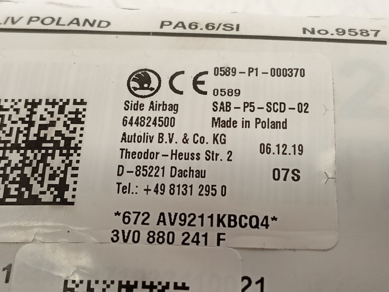 Recambio de airbag lateral delantero izquierdo para seat ateca (kh7, khp) 1.0 tsi referencia OEM IAM 3V0880241F  