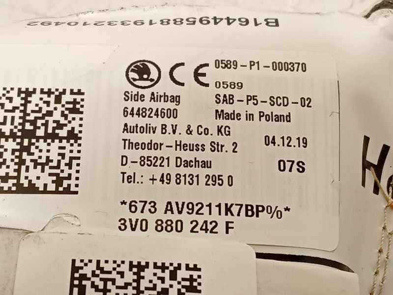 Recambio de airbag lateral delantero derecho para seat ateca (kh7, khp) 1.0 tsi referencia OEM IAM 3V0880242F  