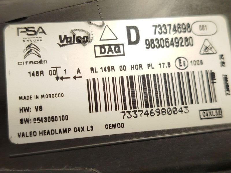 Recambio de faro derecho para citroën c4 iii 1.2 referencia OEM IAM 9830649280  73374698