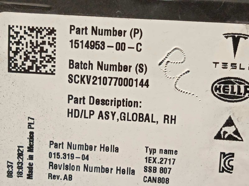 Recambio de faro derecho para tesla model 3 referencia OEM IAM 151495300C 1EX2717 