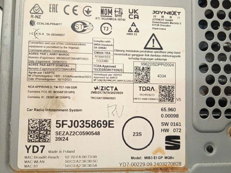 Recambio de pantalla multifuncion para seat ibiza v (kj1, kjg) 1.0 tsi referencia OEM IAM 5FJ035869E  