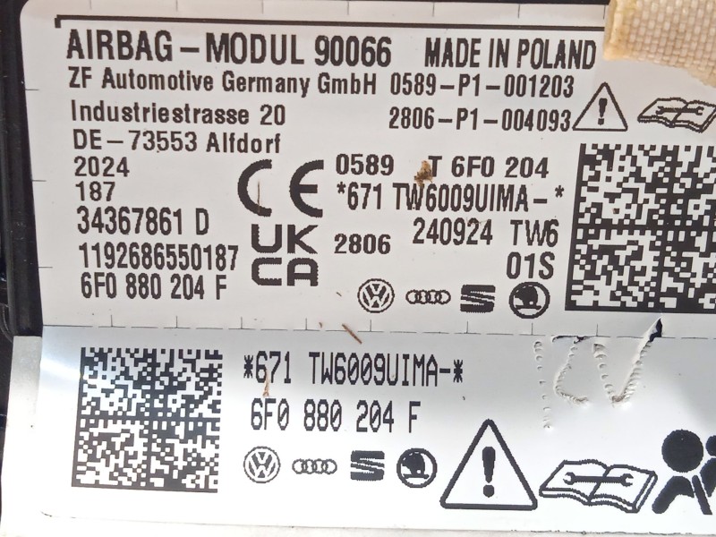 Recambio de airbag delantero derecho para seat ibiza v (kj1, kjg) 1.0 tsi referencia OEM IAM 6F0880204F  