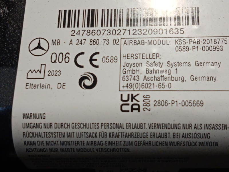 Recambio de kit airbag para mercedes-benz eqa (h243) eqa 250+ (243.702) referencia OEM IAM A24768009063D16 A2478607302 A00086016