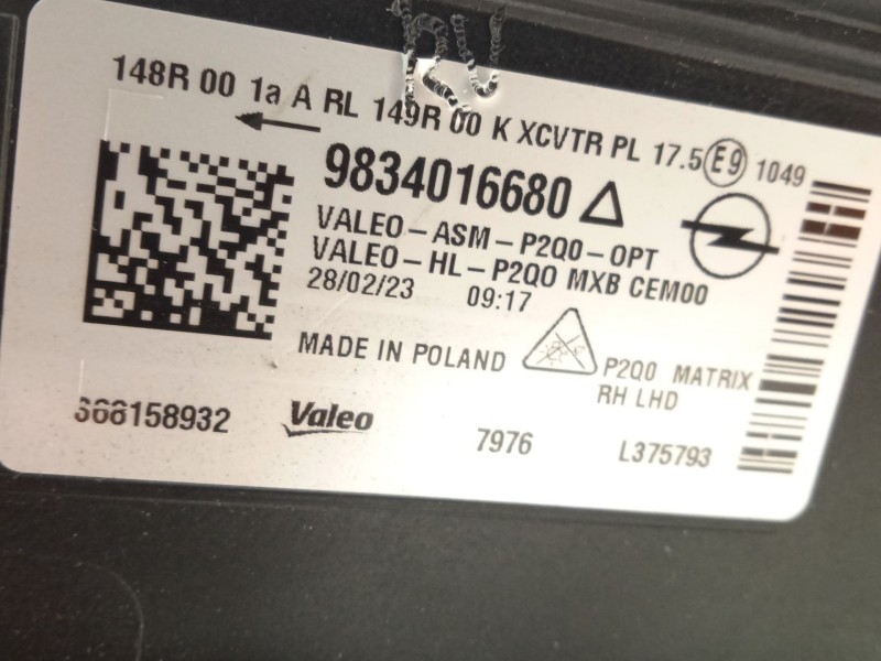 Recambio de faro derecho para opel mokka x referencia OEM IAM 9834016680 1675887880 368158932