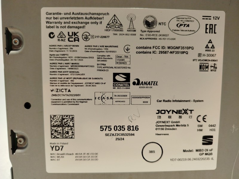 Recambio de sistema audio / radio cd para seat arona (kj7, kjp) 1.0 tsi referencia OEM IAM 575035816  