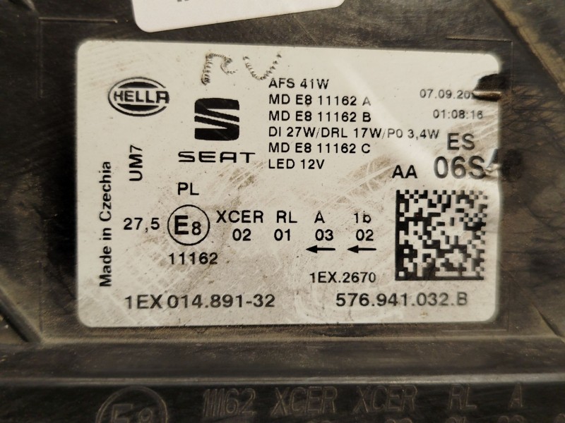 Recambio de faro derecho para seat ateca (kh7, khp) 1.5 tsi referencia OEM IAM 576941032B  1EX014891