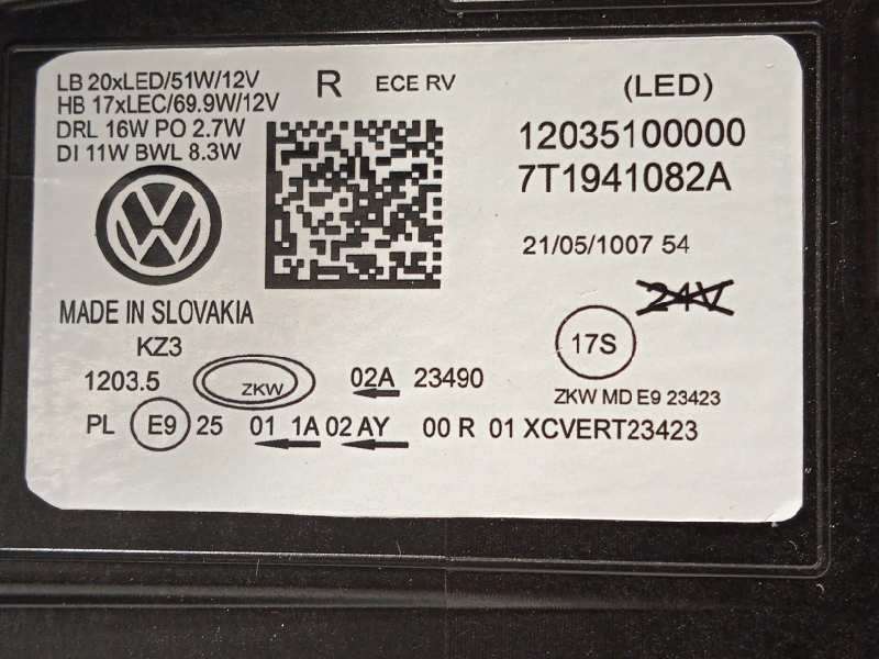Recambio de faro derecho para volkswagen t7 1.4 ehybrid referencia OEM IAM 7T1941082A 5