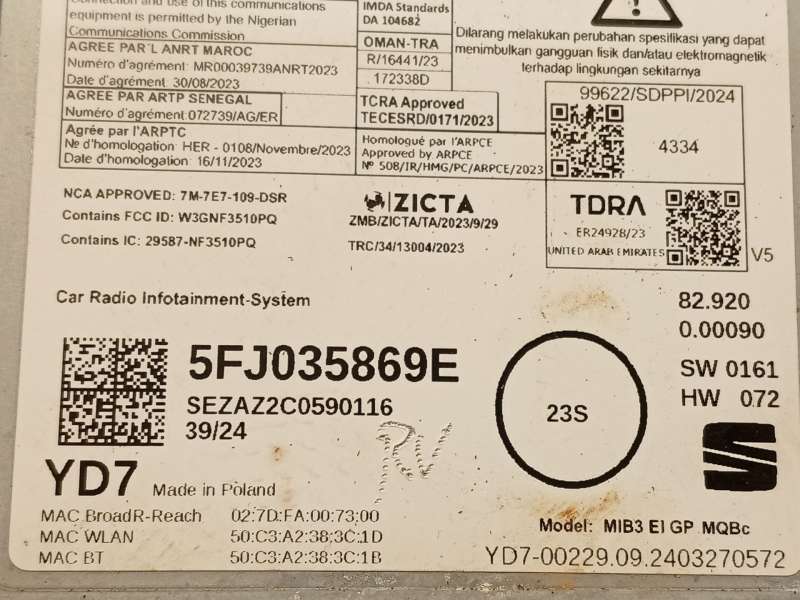 Recambio de pantalla multifuncion para seat ibiza v (kj1, kjg) 1.0 tsi referencia OEM IAM 5FJ035869E - Blanco 7