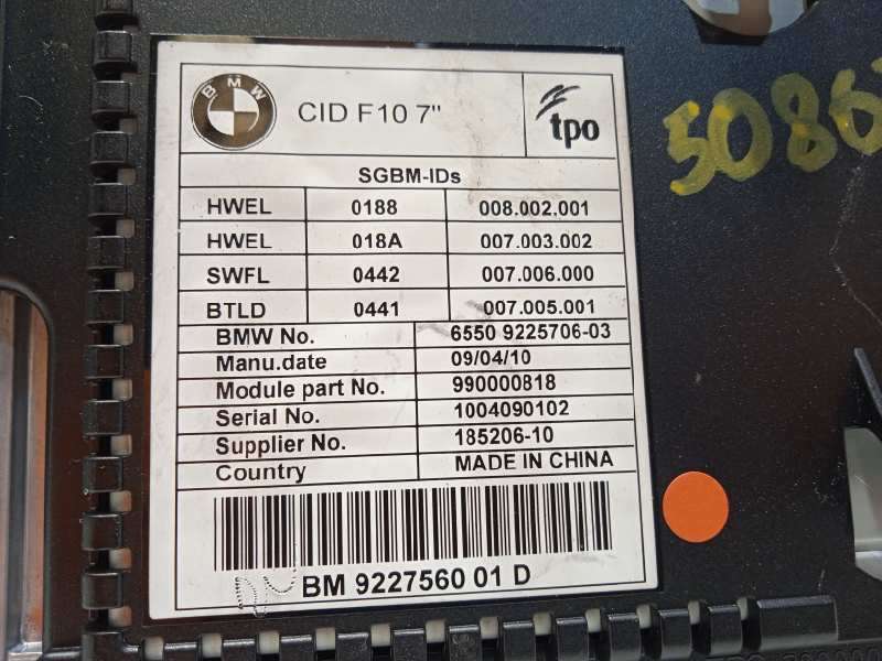 Recambio de pantalla multifuncion para bmw serie 5 lim. (f10) 525d referencia OEM IAM 65509225706  9227560 5