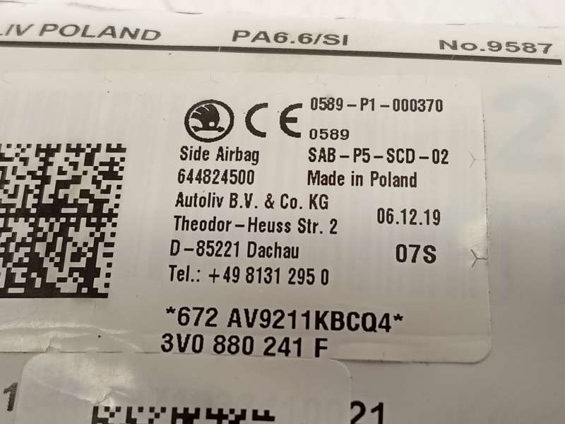 Recambio de airbag lateral delantero izquierdo para seat ateca (kh7, khp) 1.0 tsi referencia OEM IAM 3V0880241F 3