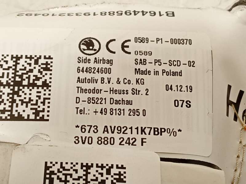 Recambio de airbag lateral delantero derecho para seat ateca (kh7, khp) 1.0 tsi referencia OEM IAM 3V0880242F 3