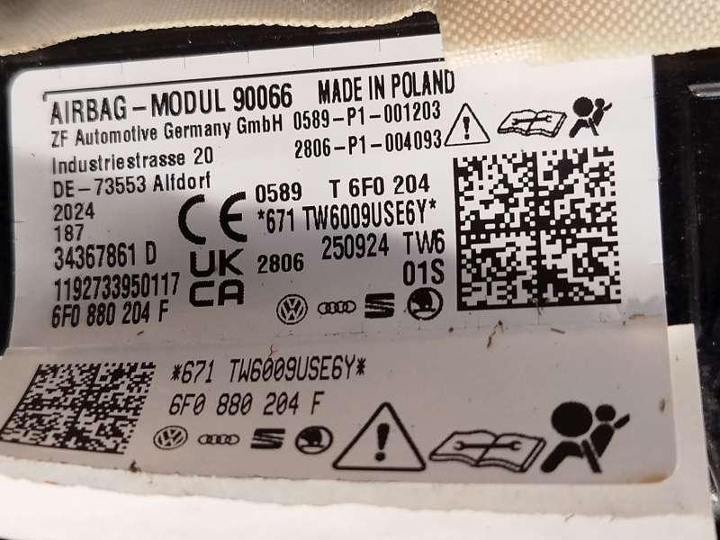 Recambio de kit airbag para seat ibiza v (kj1, kjg) 1.0 tsi referencia OEM IAM 6F1857005HAIZ 6F0880204F 6F0880201AP - Blanco 6