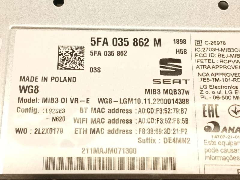Recambio de sistema navegacion gps para cupra formentor (km7, kmp) 2.0 tdi 4drive referencia OEM IAM 5FA035862M - Blanco 5